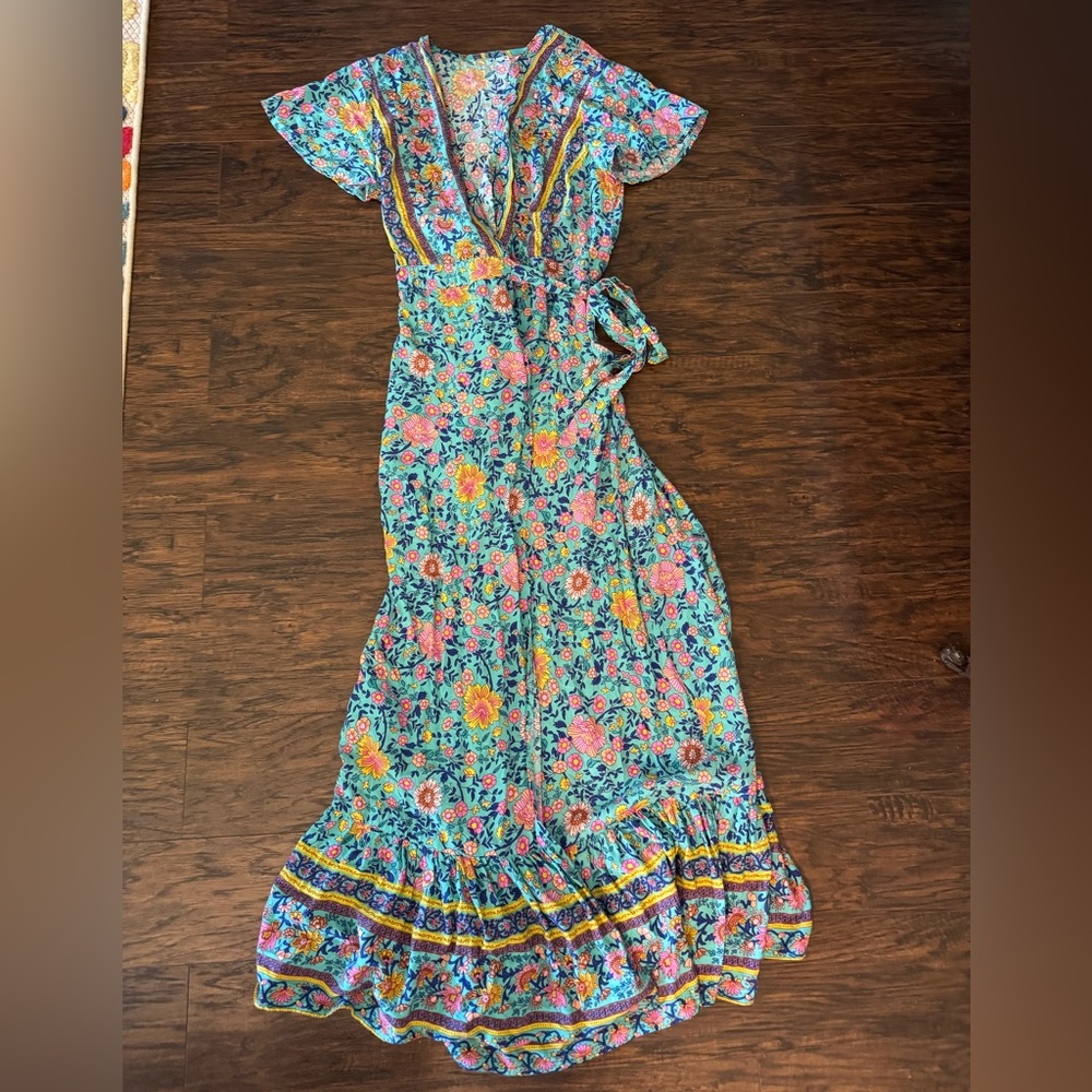 Boho, Floral Print, Summer, Spring Green, Blue, yellow Rockabilly, Cowgirl Dress - Picture 6 of 9
